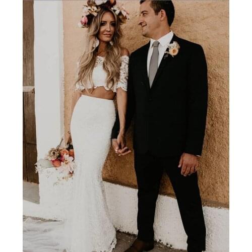 Boho Lace Mermaid Wedding Dress Two Piece Short Sleeve Long Country Bridal Gowns Off Shoulder Vestidos De Novia
