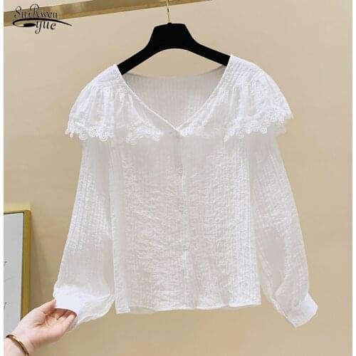 Chemisier Femme Autumn New Korean Loose All-match Sweet Lace Blouse Women V-neck Long Sleeve Simple White Tops Cardigan 11235