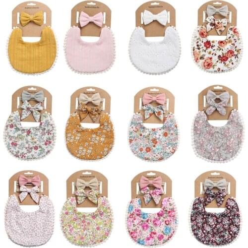 Baby Headbands+Tassel Saliva Towel Floral Print Bibs Burp Cloths Smock Hair Band