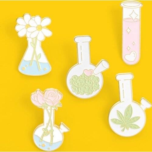 Chemistry Pharmacist Enamel Pin Badge Flower Beaker Test Tube Brooches Cartoon Backpacks Lapel Pins Jewelry Gift For Friends