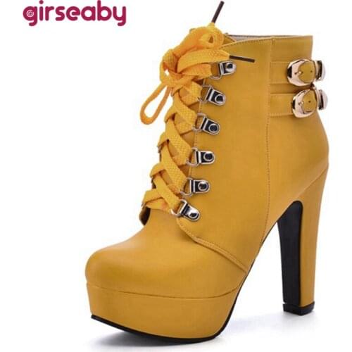 Girseaby 2021 Ladies Ankle Boots Belt Buckle Zip Platforms Nightclub Round Toe Party Block Heel Brown White Yellow Black A4517