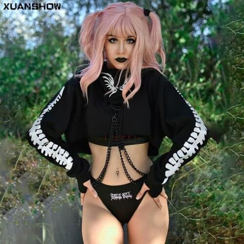 XUANSHOW Women Gothic Clothes Cotton Reflective Fish Bone Print Hoodies Sweatshirt Female Long Sleeve Chain Crop Tops Sudaderas