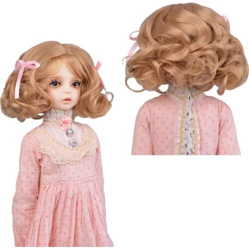 SD/BJD Doll Wig Hair with Bang Long Roman Curly High Temperature Fiber Tan Color Wigs for 1/3 BJD Dolls