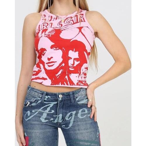 Womens Stylish Letter Face Printed Tank Tops Sleeveless Summer Round Neck Slim Fit Wild Casual Exposed Navel Basic Vest