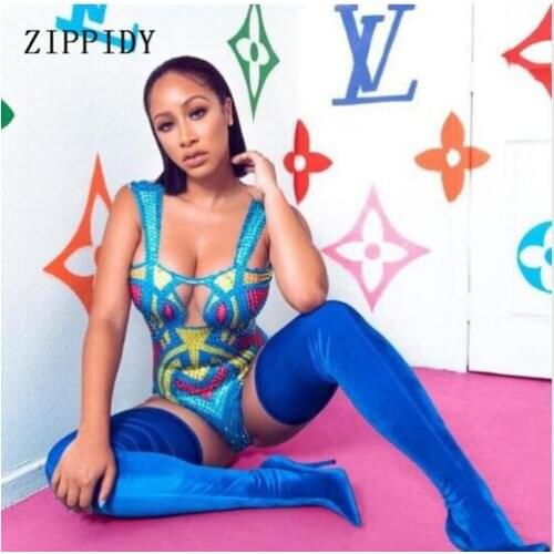 Fashion Sexy Colorful Crystals Nude Summer Birthday Nightclub Evening Wear Outfit Party Costumes Rhinestones Stretch Leotard