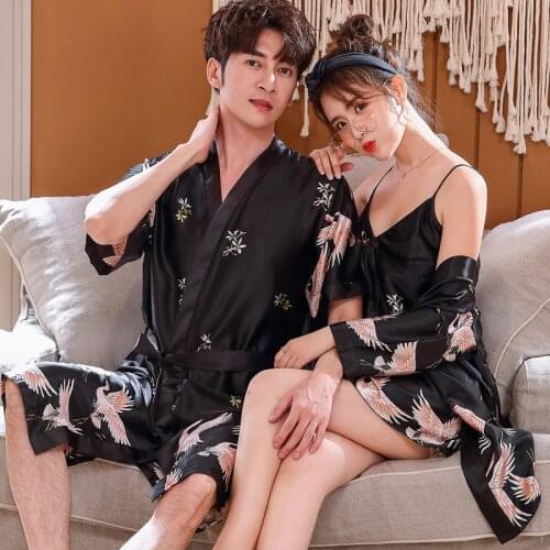 Men Summer Satin Silk Print Bathrobe Mens Luxury Kimono Bath Robe Women Sexy Robes Male Wedding Dressing Gown Hotel Honeymoon