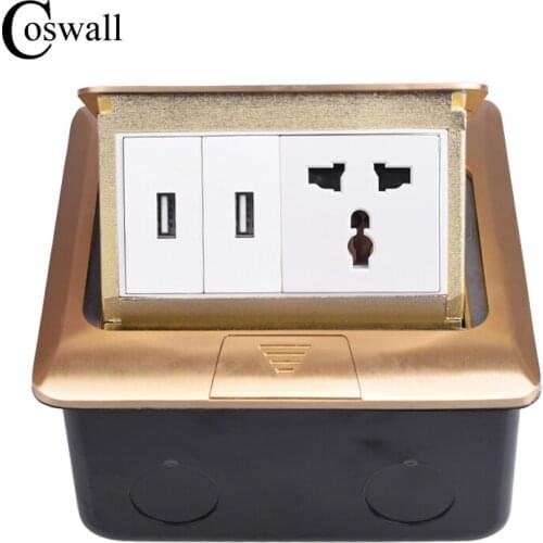 Coswall Pure Copper Gold Panel Pop Up Floor Socket Universal EU UK US Power Outlet With Dual USB Charge Port Metal Box