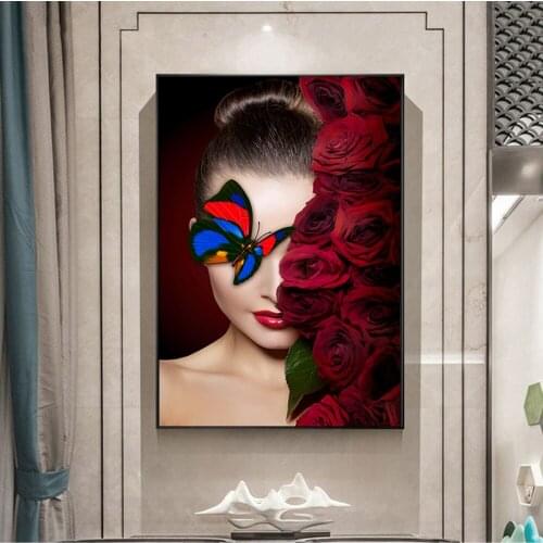 Nordic Modern Style Beautiful Women next to Red Rose and butterfly Wall Art Posters Nordic Home Decor Pictures for Living Room