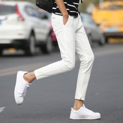 825 New Summer Men Pencil Pants Fashion Korean Version Stretch Slim Solid Color Mid-Waist Casual Youth Male Nine-Point Trousers