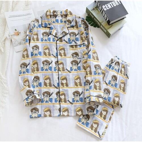 Men and Women Pyjamas Plus Size Double-layered Gauze Pajamas Long-sleeved Trousers Sleepwear 100% Cotton Cartoon Lounge Wear