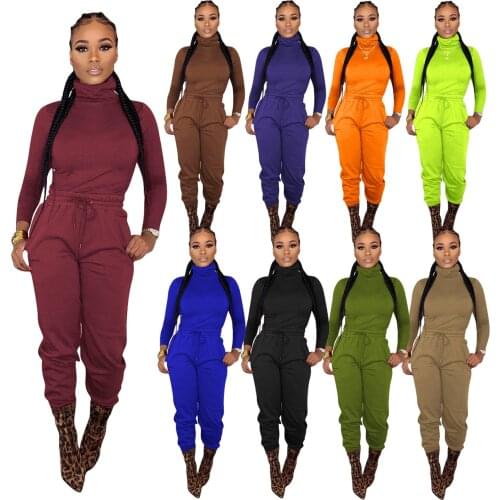 Solid Color Pullover Two Piece Casual Sets Long Sleeve Turtleneck Shirt Drawstring Pants Women Thin Home Wear Wholesale Clothing