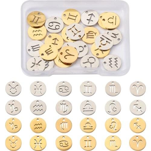 1Box Stainless Steel Charms Pendants Flat Round with Twelve Constellation Pendants For for DIY Necklace Bracelet Jewelry Making