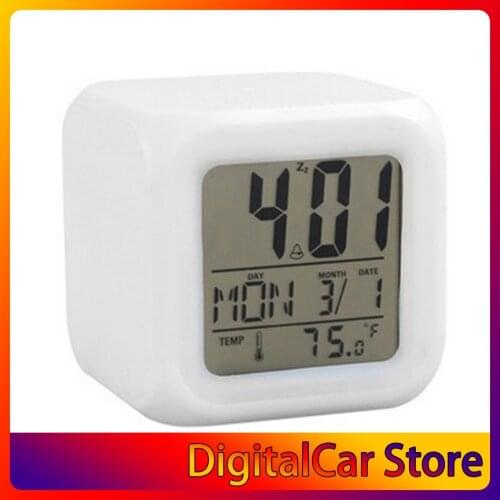 Portable Lovely Fashion 7 Colors Change Square Digital Alarm Clock with LCD Screen Display Luminous Mode Home Office Use
