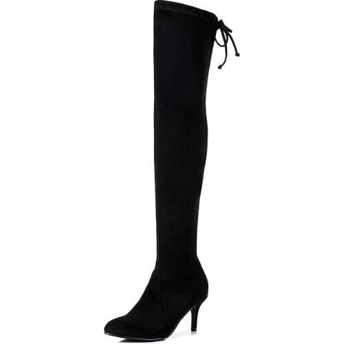 Ladies Sock High Heels Pointed Toe Stretch Fabric Over Knee Boots Womens Pointed toe Back Lace-up Tight High Winter Boots
