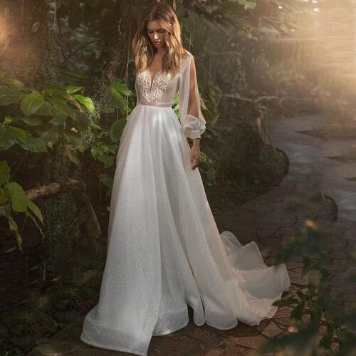 Sparky Sexy Beach Wedding Dresses Lace Long Sleeve Bride Dress 2021 Lace Boho Wedding Gowns High Quality Robe de Mariee