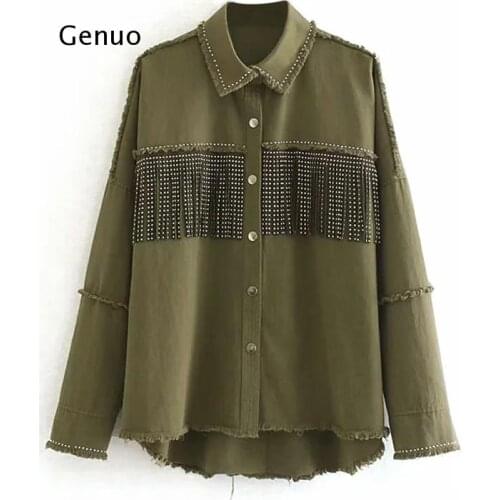 Women Tassel Rivet Stylish Chic Jacket Batwing Long Sleeve Streetwear Thin Coat Turn Down Collar Lady Tops Autumn Spring