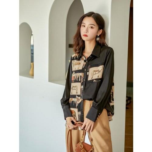 Blusa Sale Vadim Free Shipping Spring 2021 New Women Print Loose Shirt Sleeve Personality Korean None Full O-neck Cotton