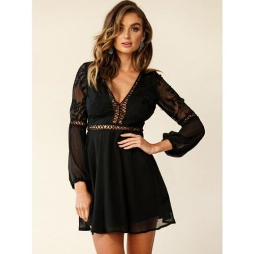 Uclio Womens V-Neck Sexy Lace Stitching Halter Dress Black