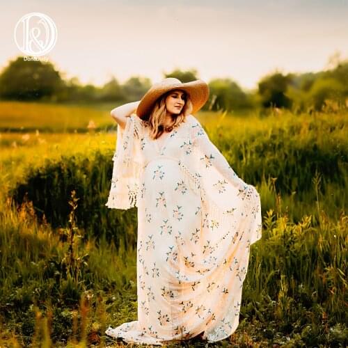 Don&Judy Boho Sexy V-Neck Embroidery Floral Dress for Photo Shoot Bohemia Party Prom Maxi Gown Maternity Dresses Photoshoot 2021