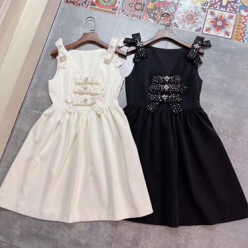 2021 Newest Summer Vintage Sexy Women V-Neck Sleeveless Vest Mini Dress Diamonds Beading Bow Runway A Line Vestidos Female