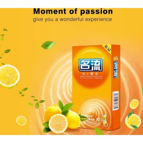 10 Pcs Ultra Thin Lemon Flavor Thread Condoms Strong Stimulation Natural Latex Rubber Penis Sleeve Contraception Tool for Men