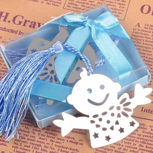 100PCS Silver Stainless Steel Pink or Blue Cute Baby Bookmark For Wedding Baby Shower Party Birthday Favor Gift