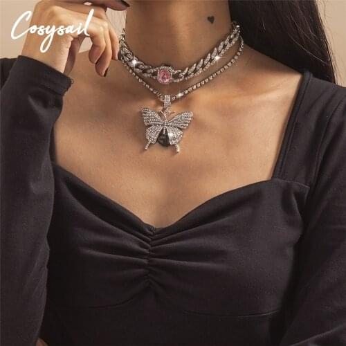 Cosysail 2Pcs/Set Full Rhinestone Butterfly Pendant Necklace Shiny Miami Cuban Chain Necklace Clavicle Chain Jewelry for Women