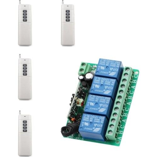 DC12V 4CH Relay Receiver 4pcs Transmitter RF Remote Control Switch Wireless Controller For Long Distance Electronic Applications