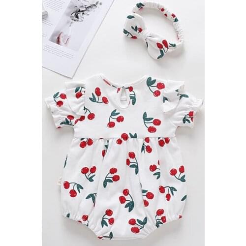 Baby clothes spring and summer baby girl clothes pure cotton cute suit cherry jumpsuit + bow headband