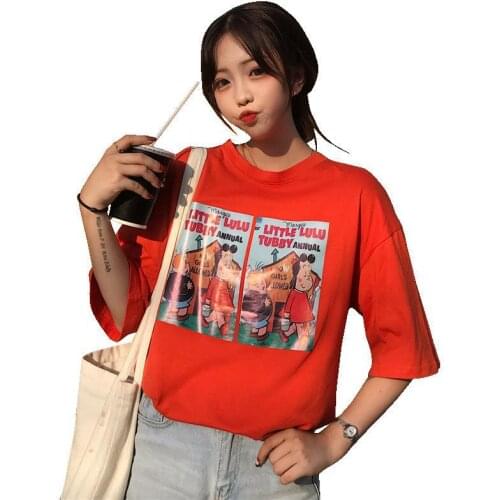 Summer Women T Shirt Orange Anime Print Harajuku Korean Edition Round Neck Half Sleeve Fashion Street Tees Tops Female