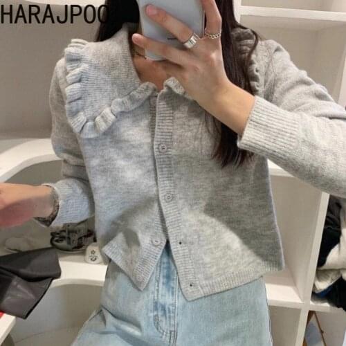 Harajpoo Women Cardigans Korean Style Ruffled Doll Collar Knitted 2020 Autumn New Loose Thin Casual Jacket Trend Cropped Tops