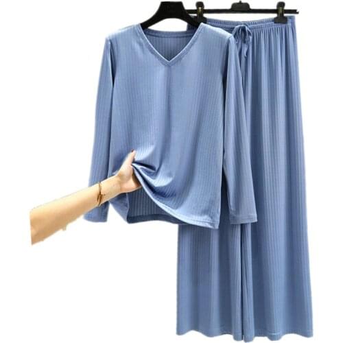 Spring ice-silk Women Pajamas Sets Long Sleeve Top & Wide-leg Pants Home Suit Ladies Casual Female Sleepwear Homewear
