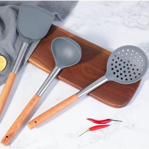 Stainless Steel Wood Handle Silicone Kitchenware Kitchen Spatula Leaky Spoon Kitchen Accessories Cooking Tools 3-piece Set