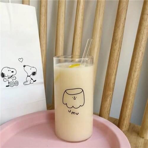 Cute Glass Cup With Straw Creative Transparent Water Cup Student Milk Heat Resistant Glass Nordic Style Breakfast Milk Juice