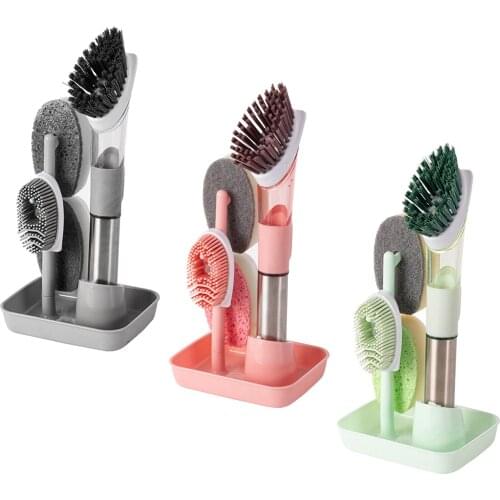 Multipurpose Pan Dish Cleaning Brush Set Soap Dispensing Scrub Brush Scrubbing Cleaning Sponge Tool with 4 Brush Heads