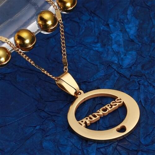 Stainless Steel Gold Color Princess Letter Heart Pendant Necklaces for Valentine Round Chain Jewelry