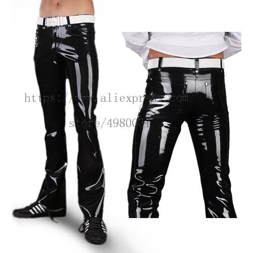 Novelty black latex jeans mens latex trousers no belt with 100% handmade crafts