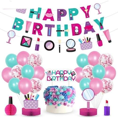 New Girl Makeup Theme Party 27Pcs/Set Banner Sequined Balloon Cake Topper Honeycomb Lipstick Red Lips Desktop Decoration Grow Up