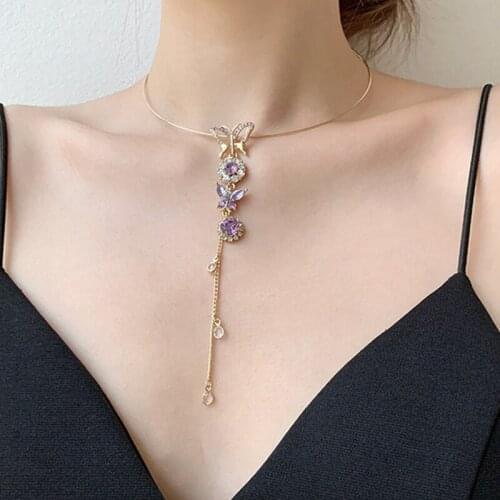 Korean Fashion Purple Butterfly Choker Necklace Women Long Tassel Pendant Aesthetic Neck Chains Summer Party Jewelry Collares