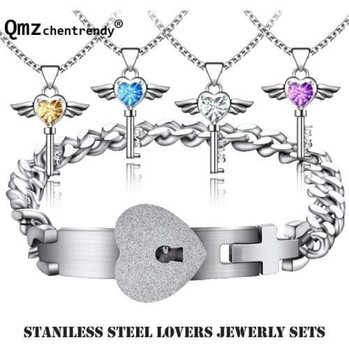 A Couple Love Stainless Steel Angel Heart Lock Bracelets Bangle Gem Angle key Pendant Necklaces Concentric Lovers Jewelry Set