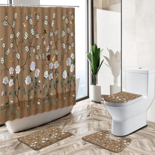 Chinese Flower Bird Scenery Shower Curtain Set 3D Trees Plant Rural Bathroom Non-Slip Pedestal Rug Toilet Cover Home Decoration