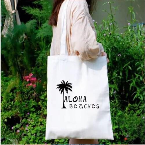 Aloha Beach Print Tote Bag Hawaii Tropical Funny Bags Woman Harajuku Vacation Canvas Bag Vintage Kawaii Shopping Bag Floral