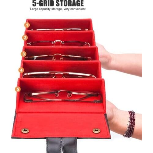 Elbru Fashion Multi Pair Portable Glasses Organizer 5 Slot Eyeglasses Storage Display Travel Folding Sunglasses PU Leather Case