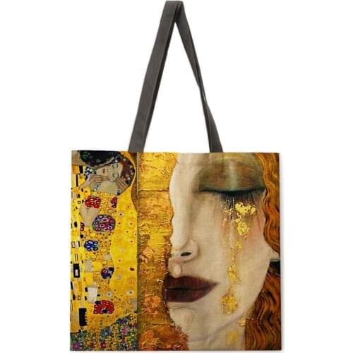 Golden oil painting leisure tote bag linen bag reusable shopping bag outdoor beach bag leisure tote bag