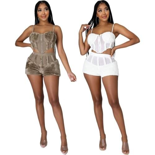 Fluffy Patchwork Two Piece Set Woman Spaghetti Straps Zipper Corset Tops And Shorts 2021 Autumn Winter Plush Clubwear Tracksuit