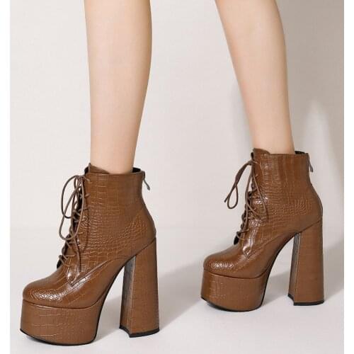 RIBETRINI On Sale Brand Design Round Toe Platform High Heels Lace Up Ankle Boots Block Heels Punk Zip Party Dress Fahsion Shoes