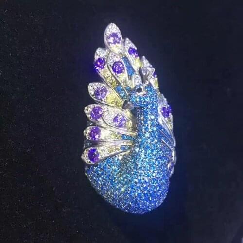 925 sterling silver with cubic zircon blue peacock brooch pins fine women jewelry free shipping