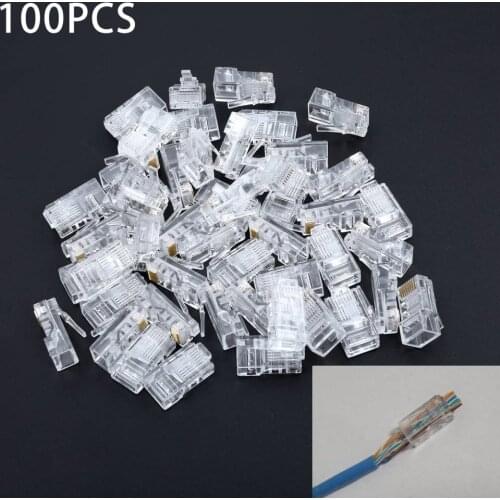 100Pcs RJ45 Network Modular Plug 8P8C CAT5e Cable Connector End Pass Through Cat5e RJ45 8P8C Plug