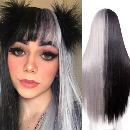 AZQUEEN Synthetic Cosplay Wig Gray and Black Wig Long Straight hair Two Tone Ombre Color One color half Women Synthetic Hair