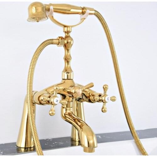 Modern Luxury Golden Brass Deck Mounted Bathroom Tub Faucet Set with 1500MM Handheld Shower Spray Head Bath Mixer Tap 2tf772